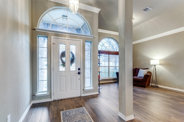 foyer entrance featuring crown molding, dark hardwood / wood-style floors, and a towering ceiling