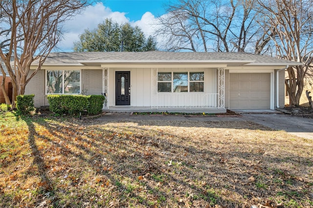 3126 Colchester Dr, Farmers Branch, TX 75234 - ranch-style home with board and batten siding, covered porch, an attached garage, driveway, and roof with shingles