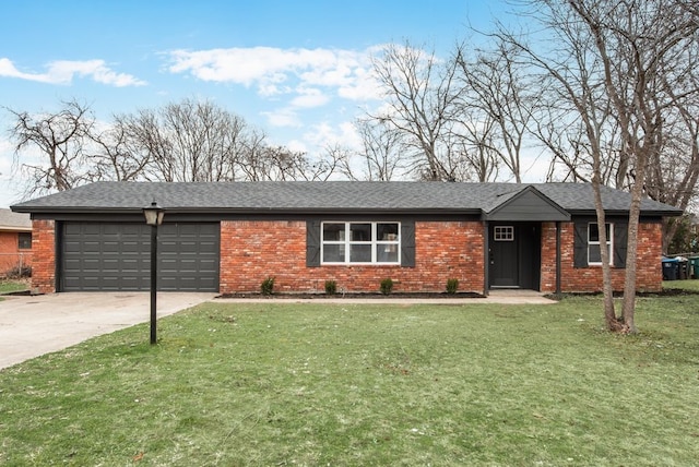 single story home with a front yard and a garage