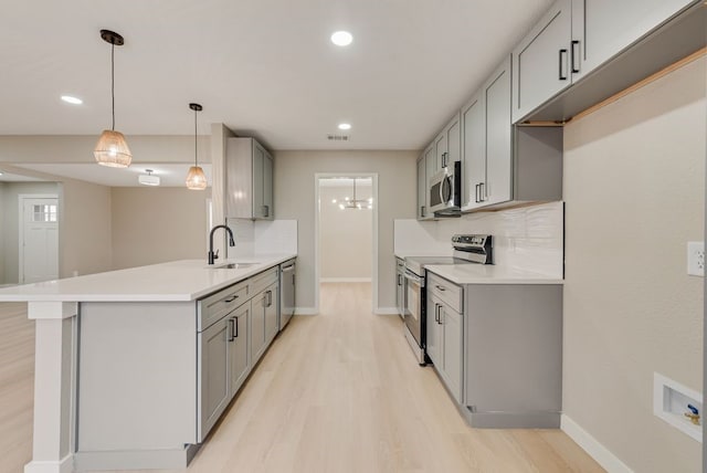 kitchen with sink, stainless steel appliances, gray cabinetry, and kitchen peninsula