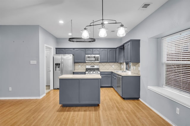 kitchen with stainless steel appliances, pendant lighting, a center island, backsplash, and sink