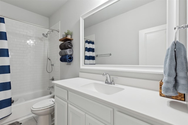 full bathroom with vanity, toilet, and shower / bath combination with curtain