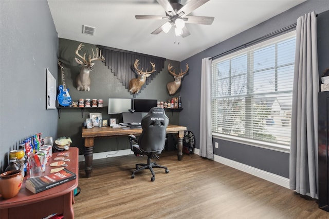 office area featuring hardwood / wood-style floors and ceiling fan