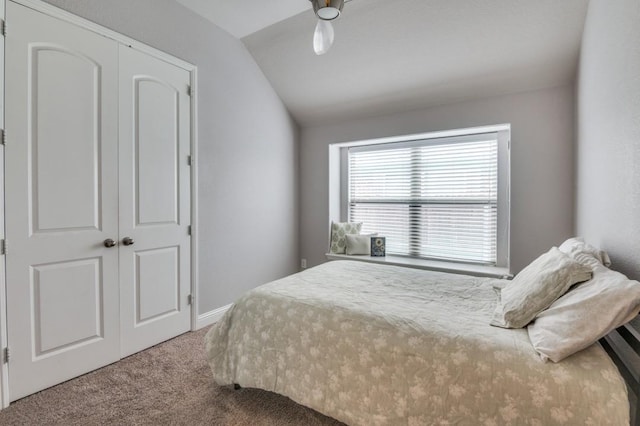 bedroom featuring vaulted ceiling, carpet floors, and a closet