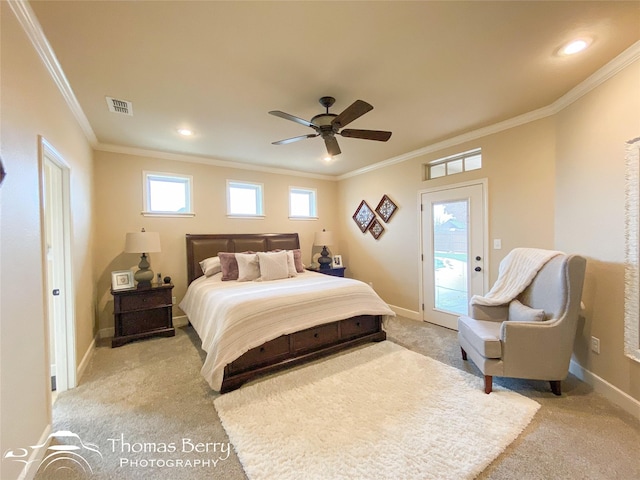 bedroom featuring access to outside, multiple windows, visible vents, and baseboards