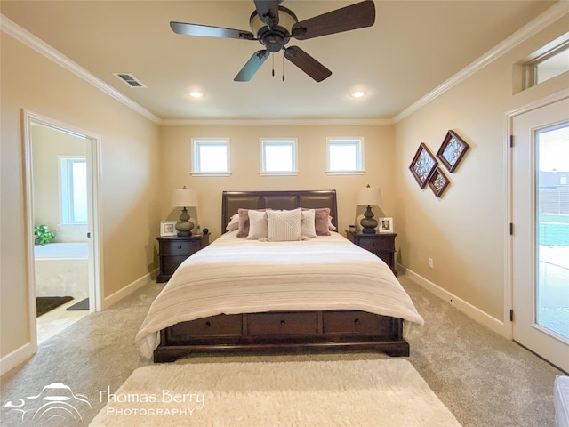 bedroom featuring light carpet, baseboards, visible vents, and crown molding