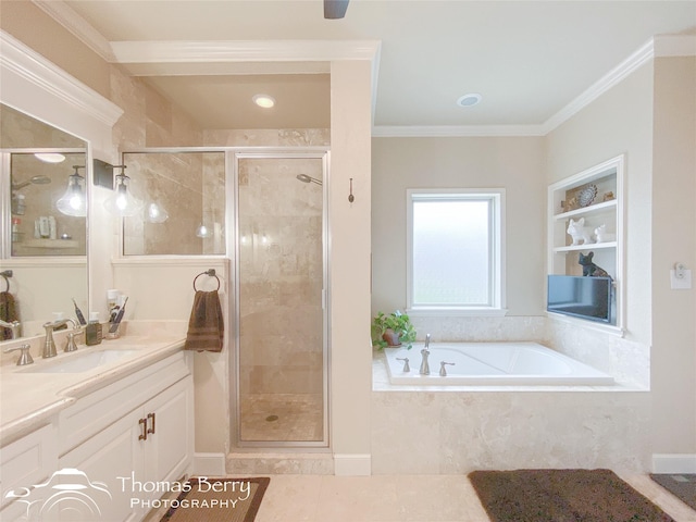 full bath with crown molding, a stall shower, vanity, tile patterned flooring, and a bath