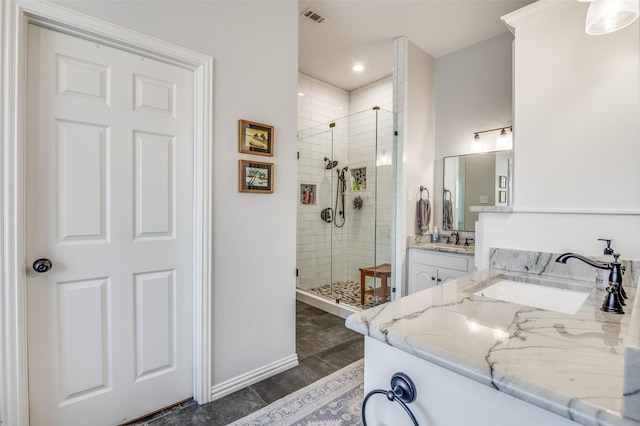 bathroom featuring a shower stall, baseboards, vanity, and visible vents