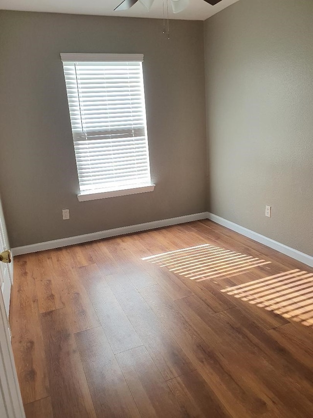 spare room with ceiling fan and light wood-type flooring