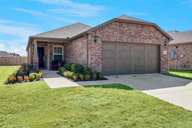 view of front facade with a shingled roof, a front lawn, concrete driveway, and brick siding