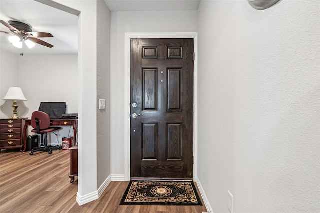 property entrance with a ceiling fan