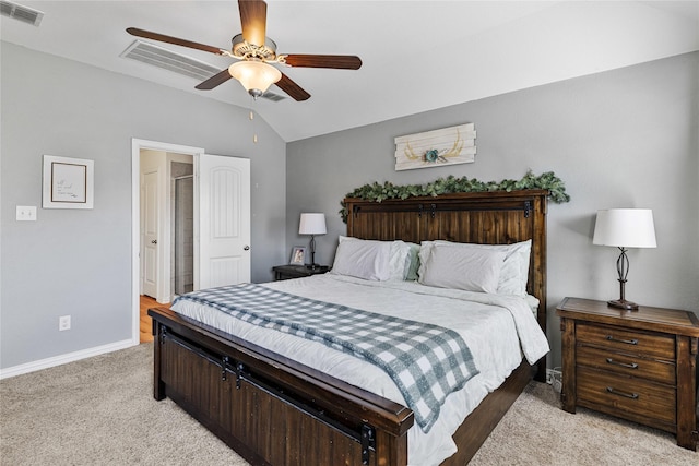 bedroom featuring lofted ceiling, light colored carpet, a ceiling fan, baseboards, and visible vents