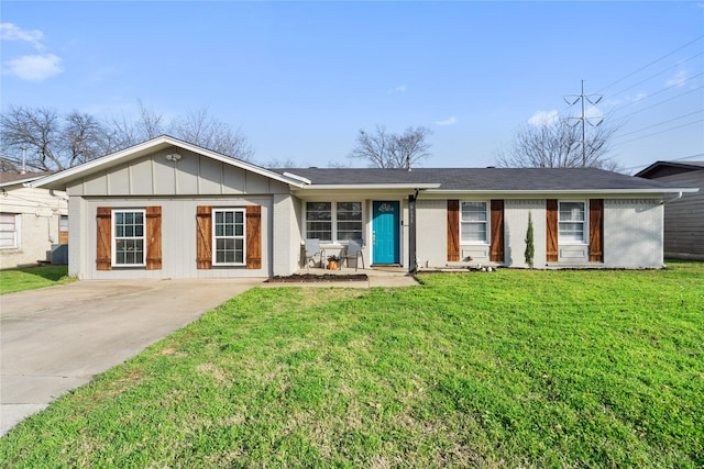 single story home with a front lawn and central air condition unit