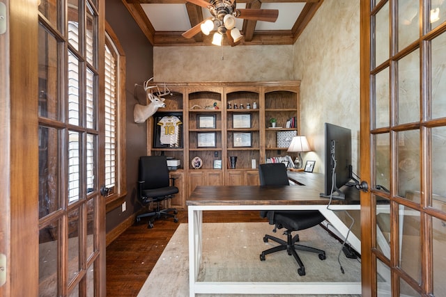 office area with french doors, beamed ceiling, coffered ceiling, and dark wood finished floors