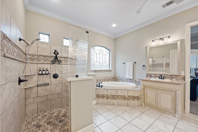 full bath with visible vents, ornamental molding, tile patterned flooring, walk in shower, and a bath