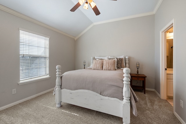 bedroom with lofted ceiling, a ceiling fan, baseboards, ornamental molding, and carpet