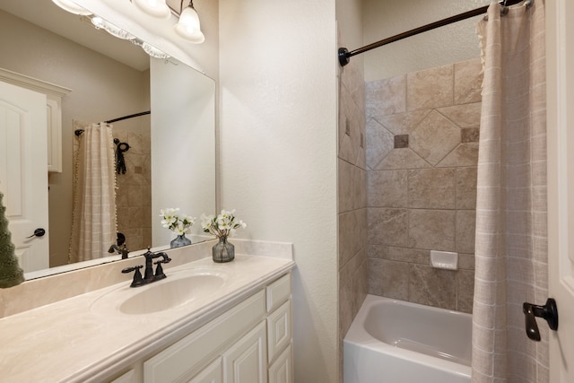 full bath featuring shower / bath combo with shower curtain and vanity