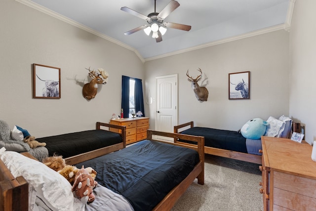 carpeted bedroom featuring a ceiling fan, vaulted ceiling, and crown molding