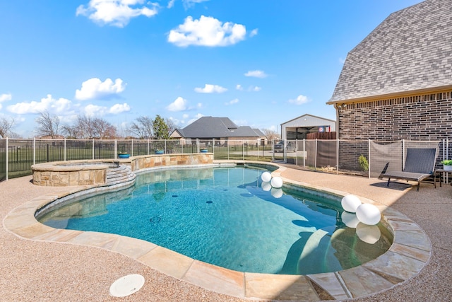 view of pool with a fenced in pool, a fenced backyard, a patio, and an in ground hot tub