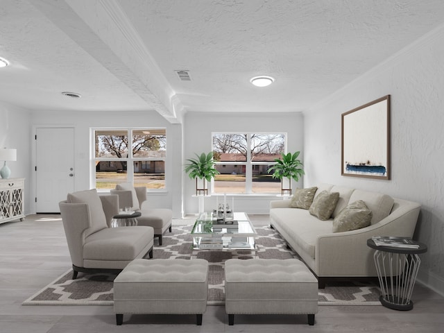 living room featuring a textured ceiling, crown molding, and wood-type flooring