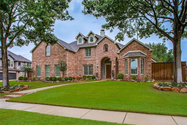 traditional home with fence, brick siding, a front lawn, and a chimney