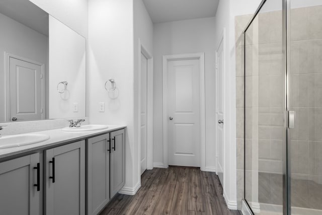 bathroom with a shower stall, wood finished floors, a sink, and double vanity