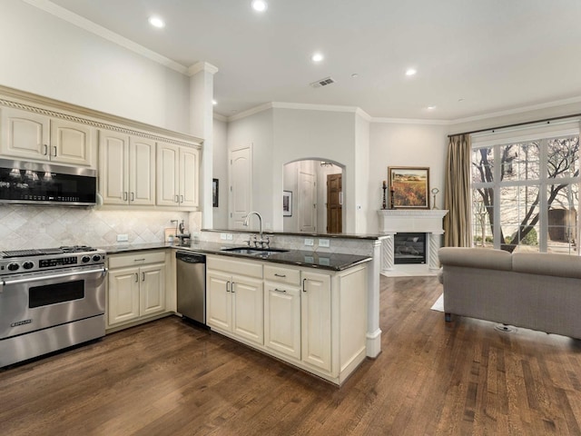 kitchen with a sink, open floor plan, dark stone countertops, appliances with stainless steel finishes, and a fireplace