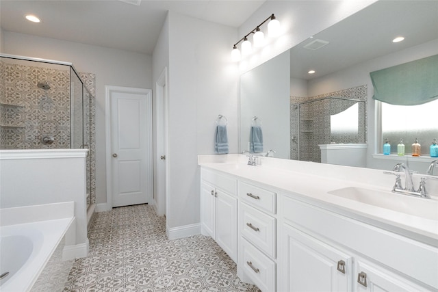 bathroom with a sink, a bath, double vanity, and a shower stall