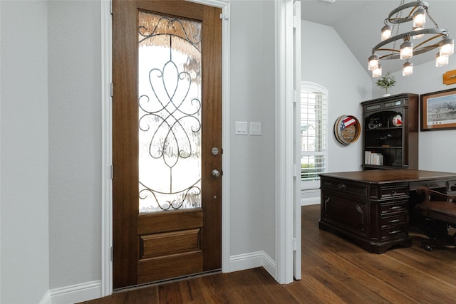 entryway featuring baseboards, lofted ceiling, and dark wood-style flooring