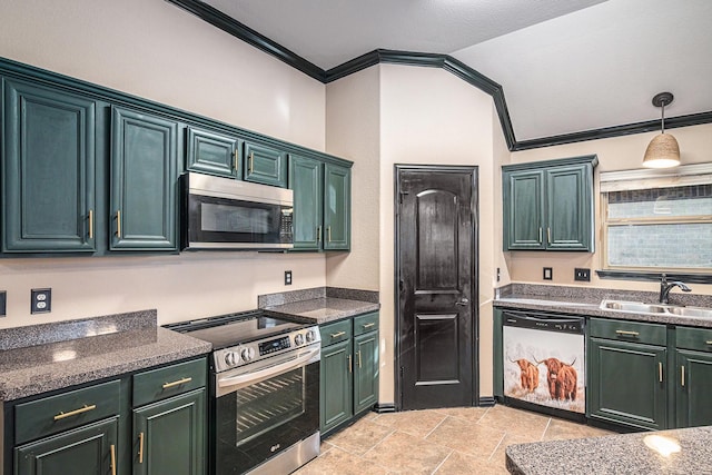 kitchen featuring ornamental molding, stone finish flooring, hanging light fixtures, a sink, and stainless steel appliances