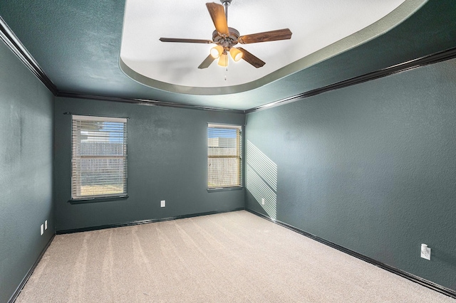 empty room featuring crown molding, light carpet, a raised ceiling, and a textured wall