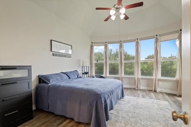 4109 Chantilly Ln, Frisco, TX 75036 - bedroom with wood finished floors, baseboards, vaulted ceiling, and a ceiling fan