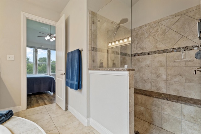 4109 Chantilly Ln, Frisco, TX 75036 - bathroom with connected bathroom, walk in shower, ceiling fan, and tile patterned floors