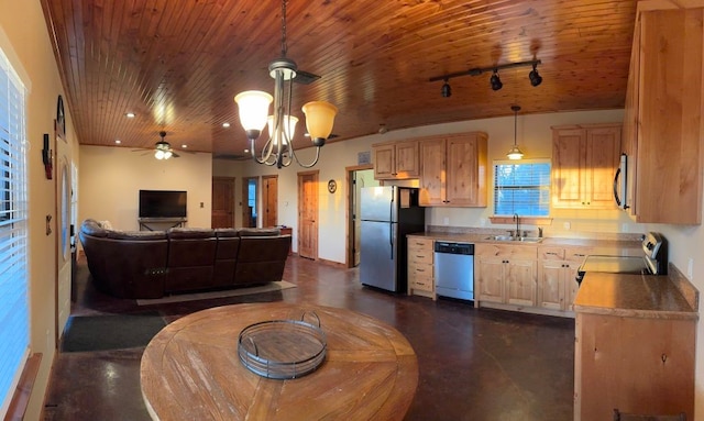 kitchen with open floor plan, wooden ceiling, a sink, pendant lighting, and stainless steel appliances
