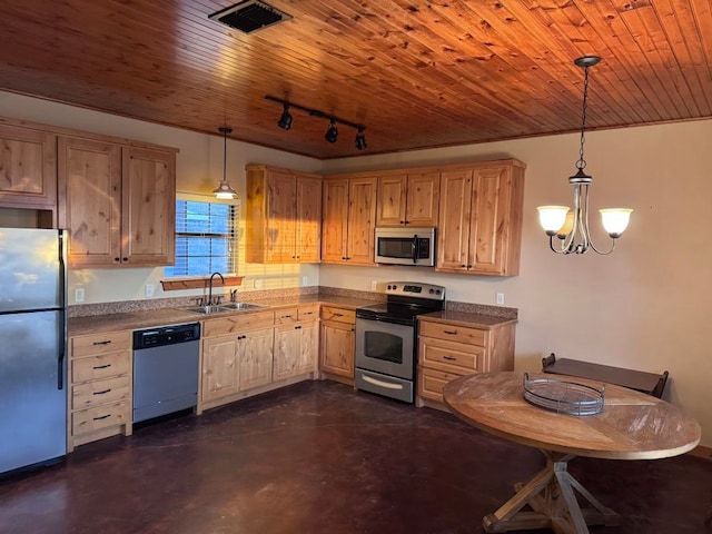 kitchen featuring visible vents, a sink, pendant lighting, appliances with stainless steel finishes, and wood ceiling