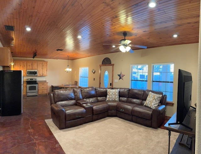 living area with ceiling fan, visible vents, wooden ceiling, concrete flooring, and recessed lighting