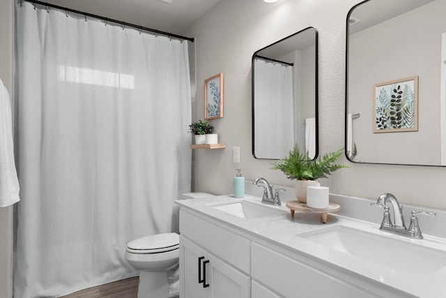 3002 Northshore Dr, Celina, TX 75009 - bathroom with double vanity, wood finished floors, and a shower with curtain