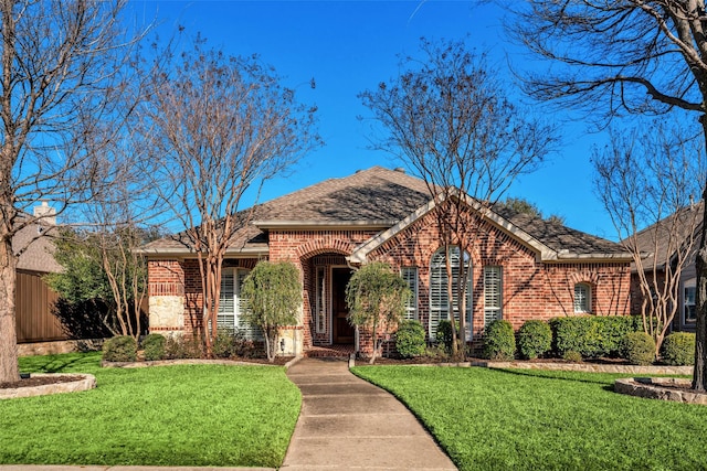 view of front facade with brick siding, a front yard, roof with shingles, and fence