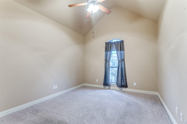 unfurnished room featuring light carpet, high vaulted ceiling, ceiling fan, and baseboards