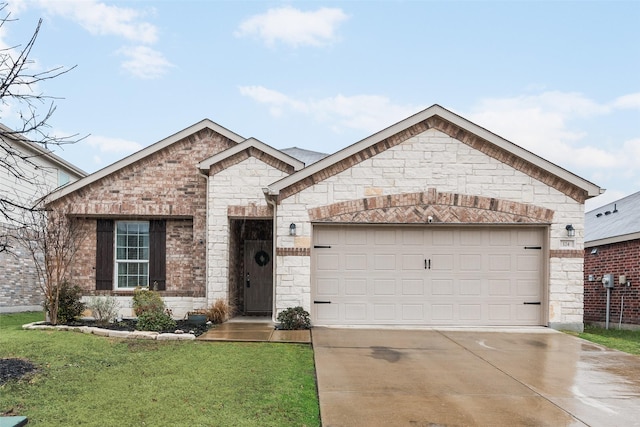 view of front of home with a garage, a front yard, brick siding, and driveway