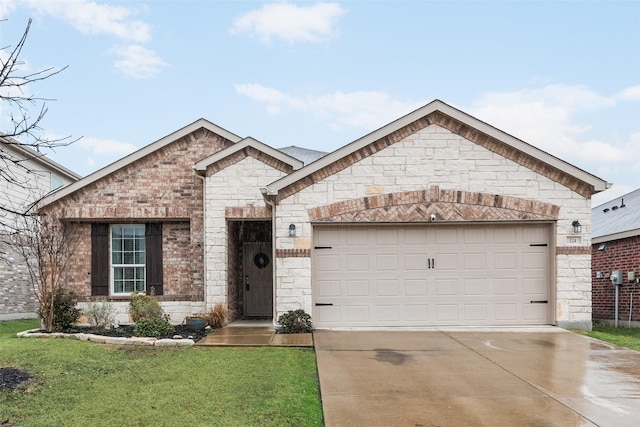 124 Feverbush Dr, Fate, TX 75189 - french country home featuring driveway, an attached garage, stone siding, a front yard, and brick siding