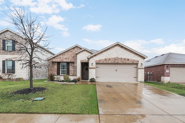 french provincial home with a front yard, brick siding, driveway, and an attached garage