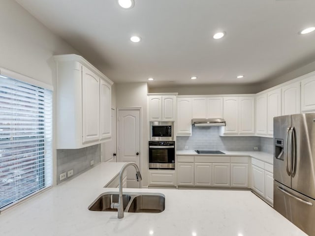 kitchen featuring appliances with stainless steel finishes, white cabinetry, a sink, and under cabinet range hood