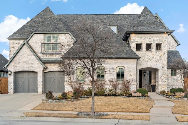 french country inspired facade with an attached garage, a balcony, brick siding, driveway, and roof with shingles