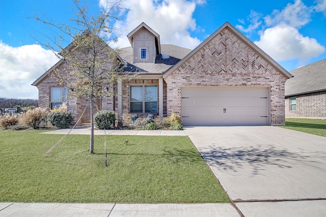 french provincial home featuring brick siding, a shingled roof, concrete driveway, an attached garage, and a front yard