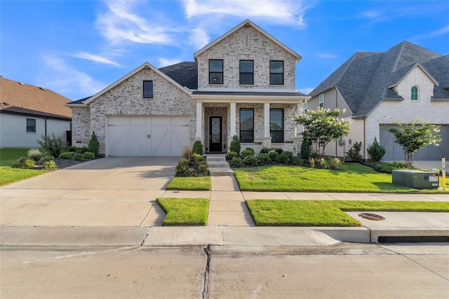 view of front of property with a garage, brick siding, concrete driveway, and a front yard