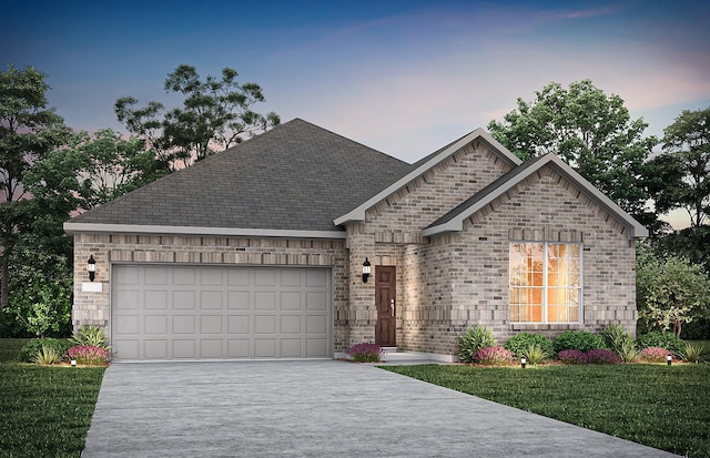 view of front of property with driveway, brick siding, an attached garage, and a front yard