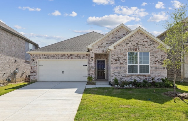 5917 Mayer Ave, Pilot Point, TX 75009 - view of front of home with an attached garage, driveway, a front lawn, brick siding, and roof with shingles