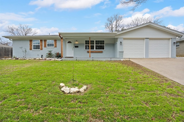 single story home featuring brick siding, driveway, a front lawn, a porch, and an attached garage