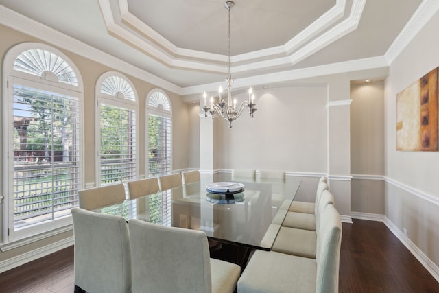 dining room featuring dark wood-style floors, plenty of natural light, a chandelier, and a raised ceiling